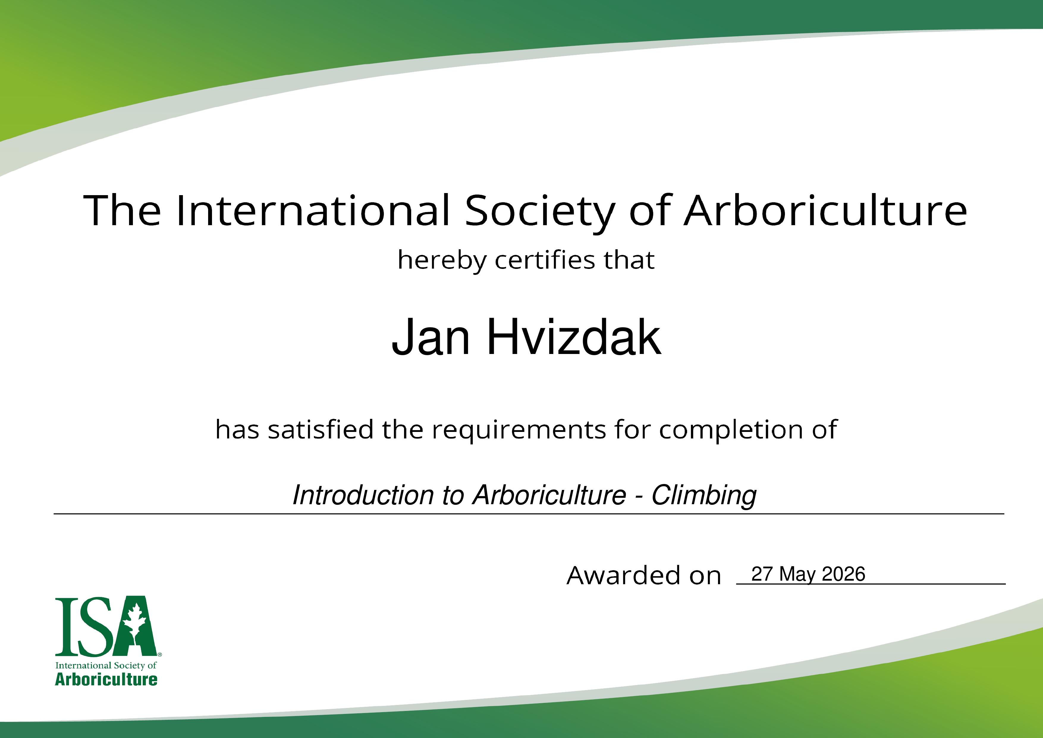 Certifikát ISA Introduction to Arboriculture - Climbing, Jan Hvizdak
