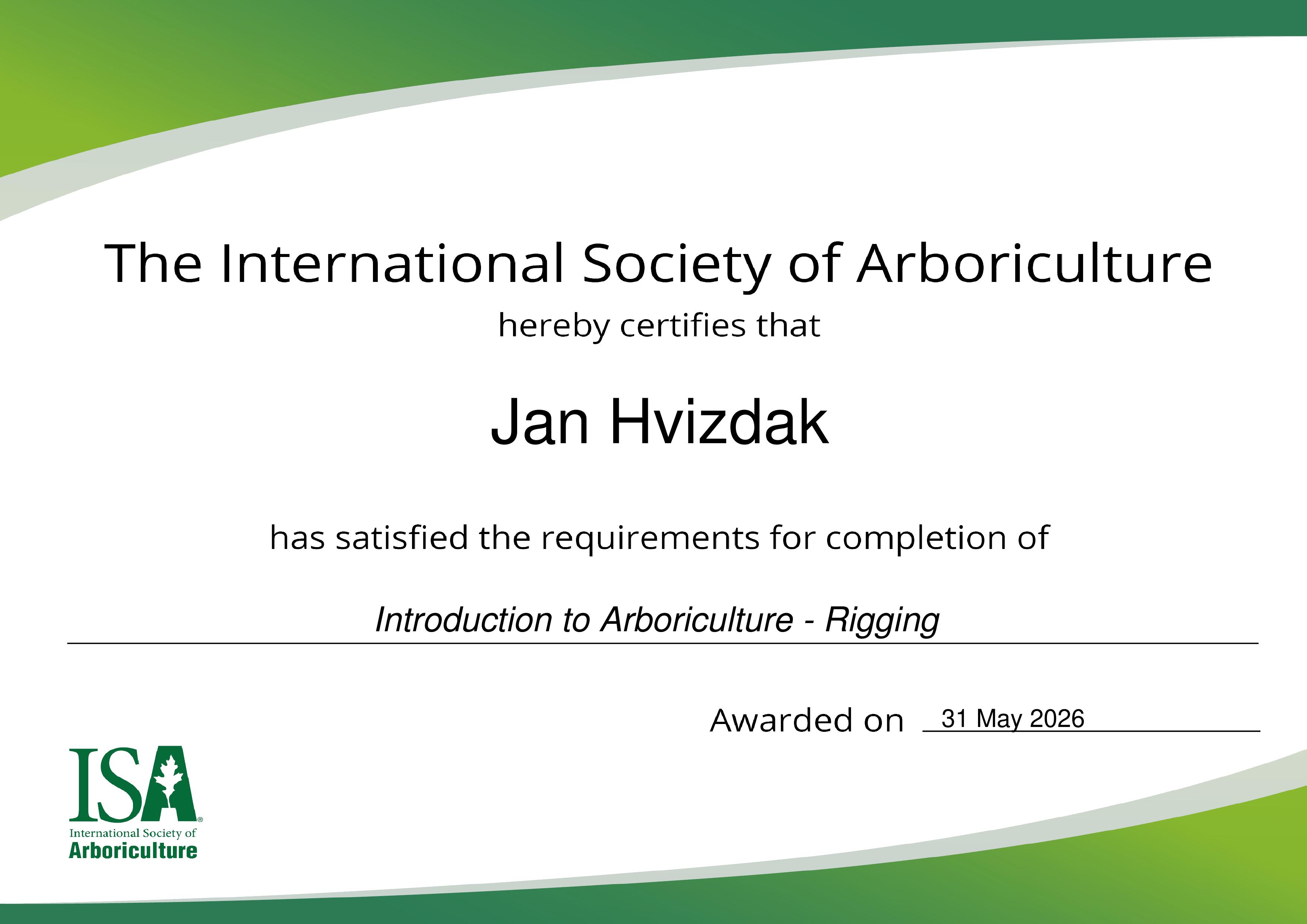 Certifikát ISA Introduction to Arboriculture - Rigging, Jan Hvizdak