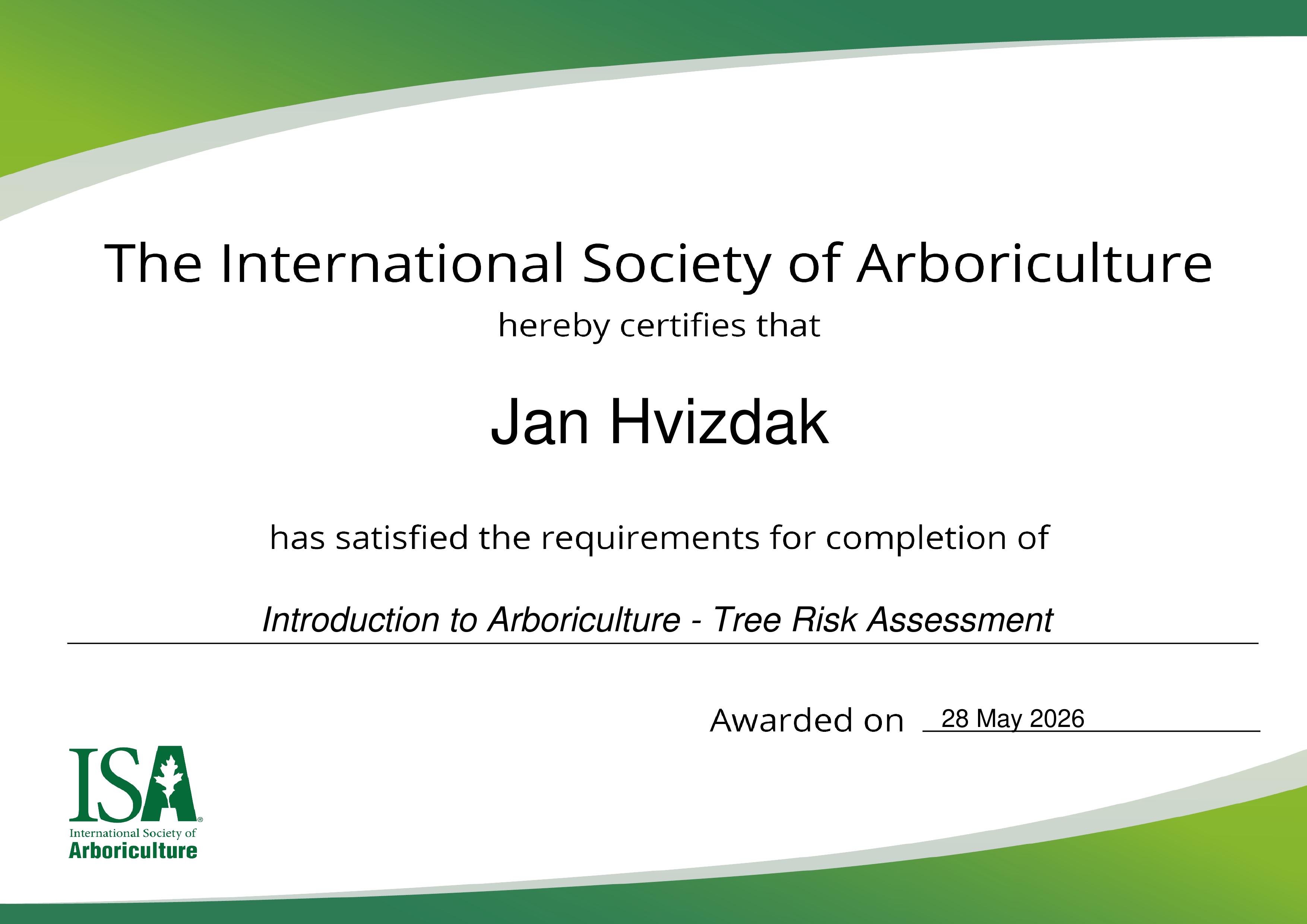Certifikát ISA Introduction to Arboriculture - Tree Risk Assessment, Jan Hvizdak