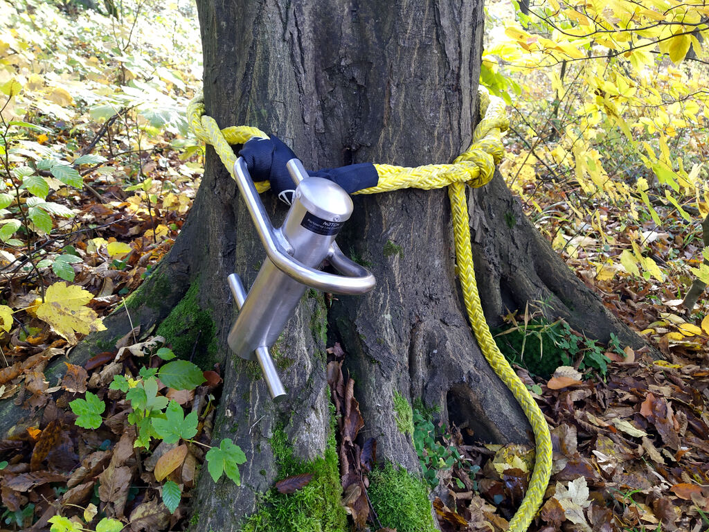 Portawrap anchored around a tree trunk with a sling for controlled lowering of branches during tree removal